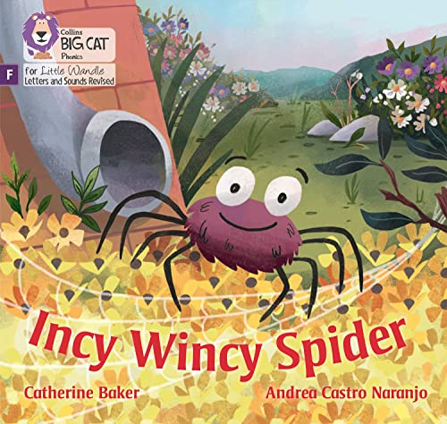 Book cover: cartoon spider climbing a drainpipe with yellow flowers.
