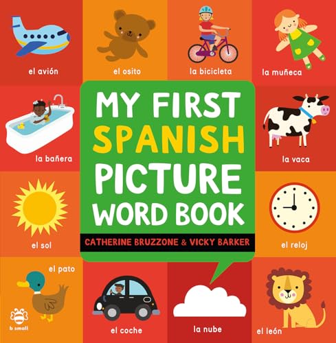 Bright children’s book cover with illustrated objects and Spanish words.