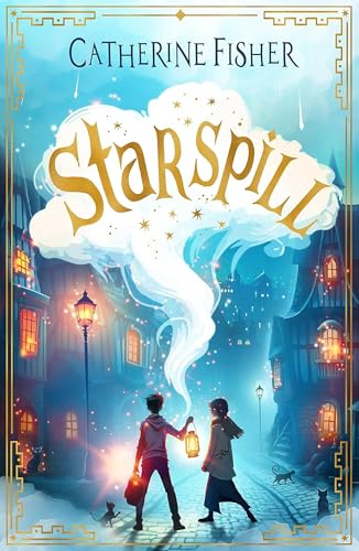 Two children with a lantern stand in a blue, magical town under star-filled clouds.