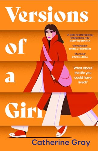 Book cover: illustrated woman in red coat walking, titled "Versions of a Girl".