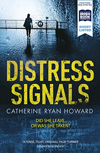 Book cover: woman on a dock, large yellow text “Distress Signals”.