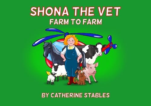 Colourful book cover with Shona the vet and farm animals on a rural landscape.