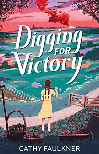 Book cover: girl gardening with an airplane and colorful sky backdrop.