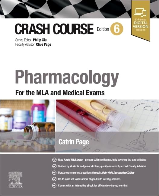 Book cover for "Crash Course Pharmacology" with pills and chemical structures.