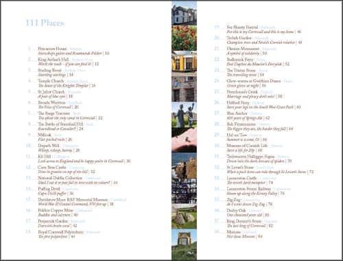 Open book page listing 111 Cornish places with small photos.