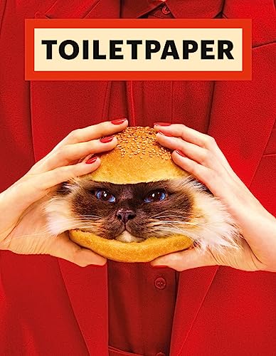 Red cover of "Toiletpaper" magazine featuring a cat inside a burger.