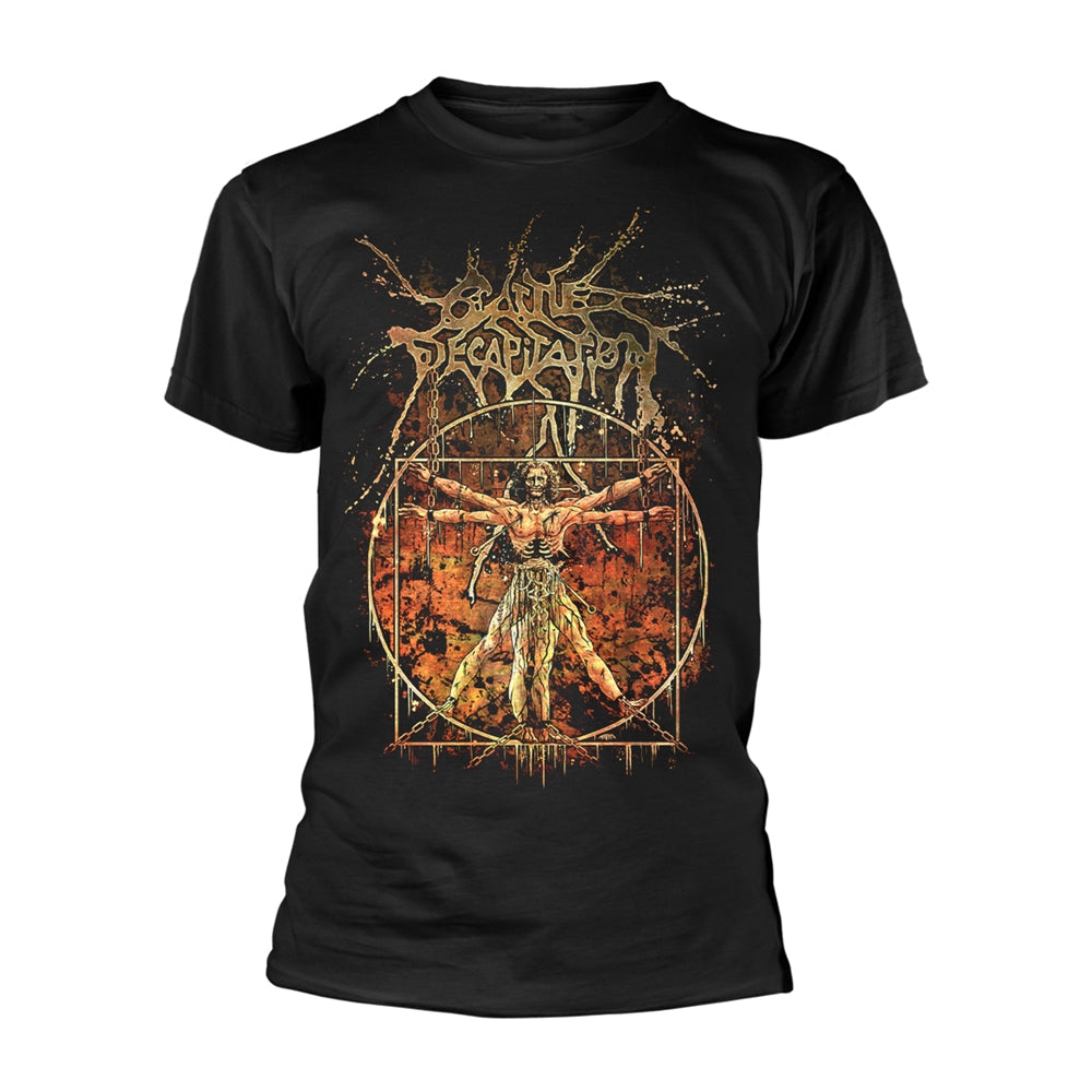 Black t-shirt with a gold and red graphic of a figure in a circle.