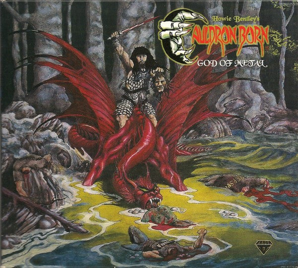 Album cover: warrior riding a red dragon over fallen figures.
