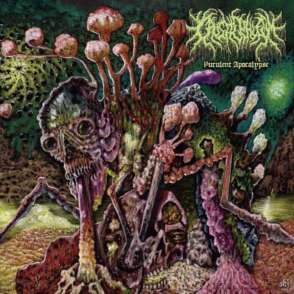 Album cover: grotesque, decaying figure amidst fungal growth, dark fantasy art.