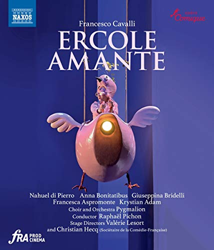 Blu-ray cover for Cavalli’s *Ercole Amante* opera, featuring a pink bird-like figure.
