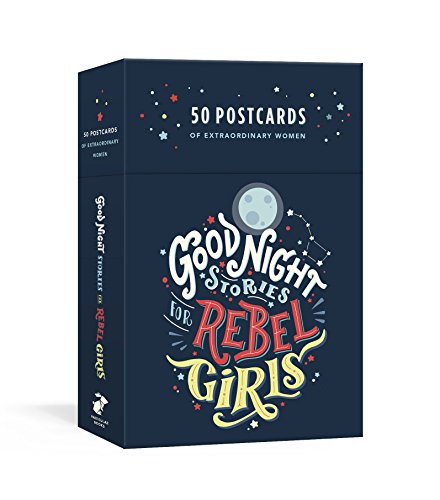 Dark blue postcard box with white and red illustrated text: "Good Night Stories for Rebel Girls".