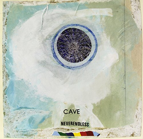 Abstract painting with a dark central circle on a textured blue and white background.