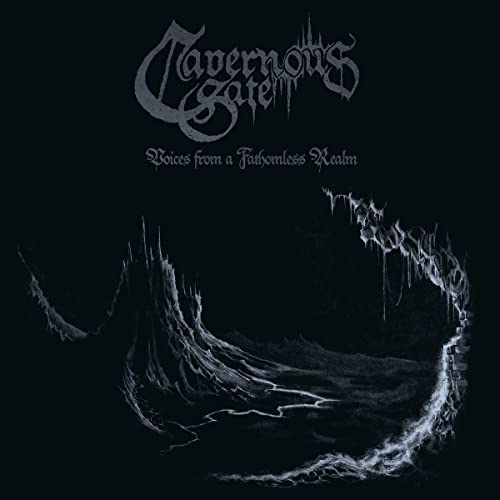 Dark album cover with ornate band logo and cavern illustration.