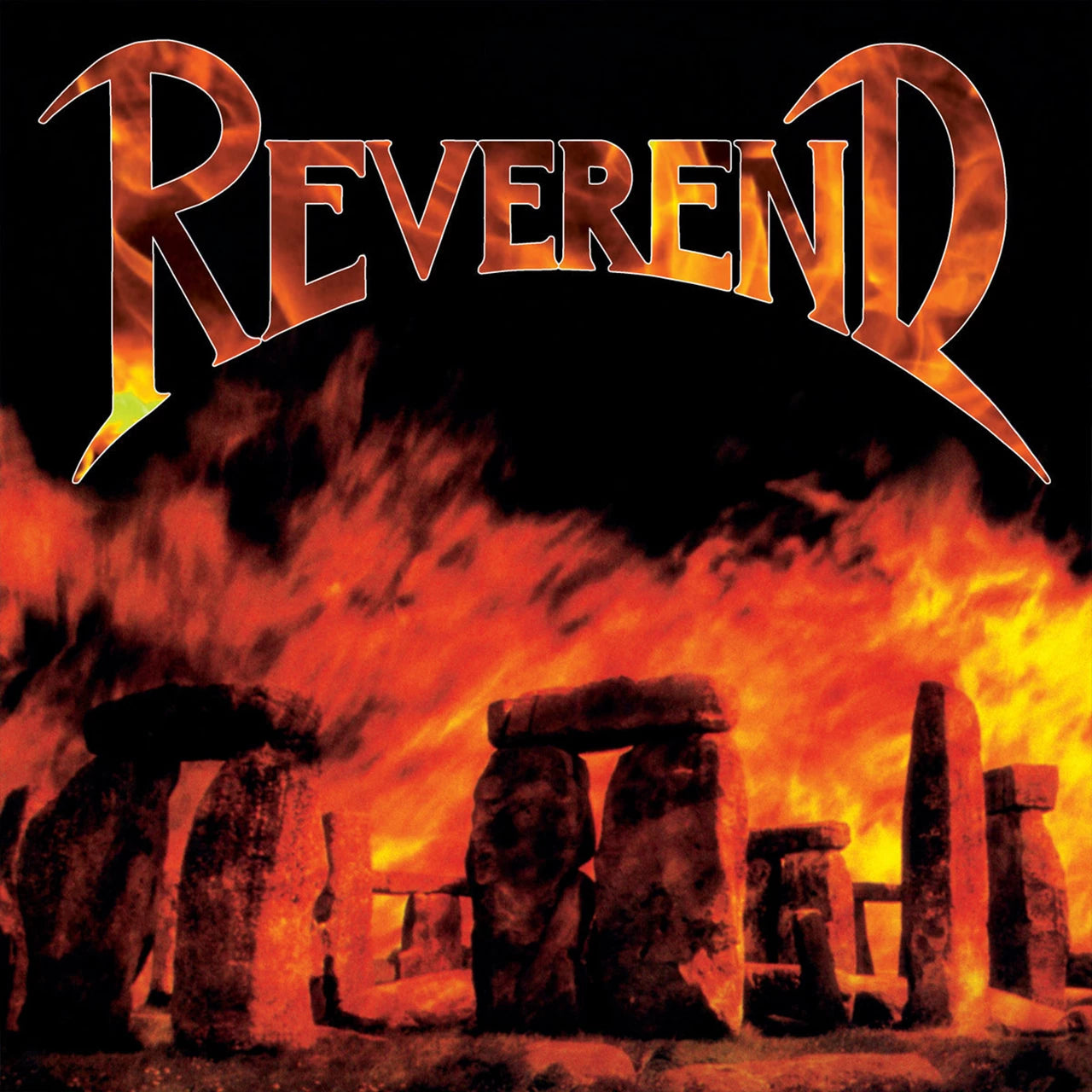 Album cover for "Reverend" with fiery stonehenge silhouette.