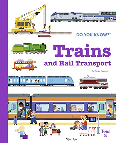 Book cover illustrating various trains, rail infrastructure, and passengers.