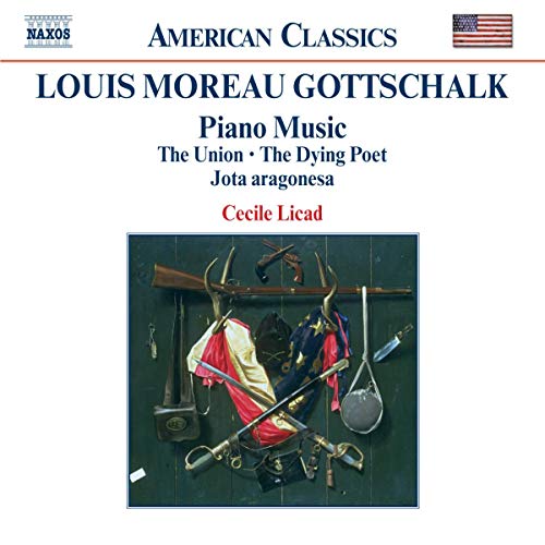 CD cover for Cecile Licad performing Gottschalk's piano music, painting of weaponry.