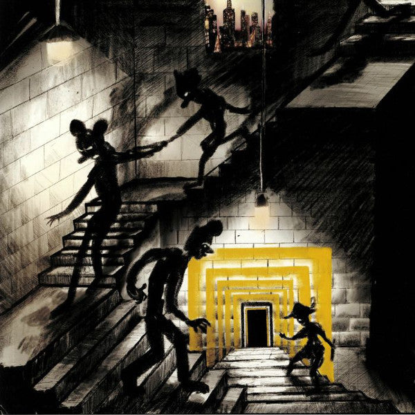 Stylized illustration of shadowy figures on stairs, with a glowing doorway.