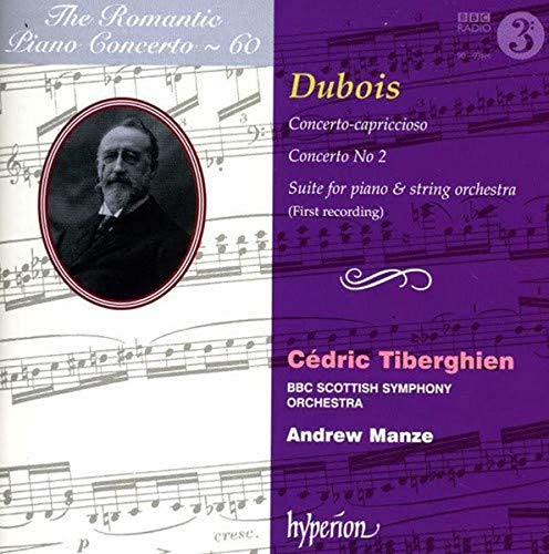 CD cover featuring musical notes, a portrait, and text about Dubois piano concertos.