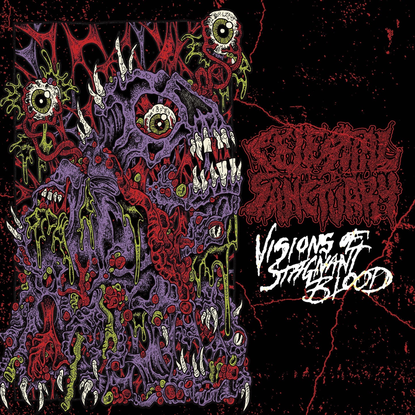 Grotesque, colorful monster illustration with multiple eyes and teeth on a black background.
