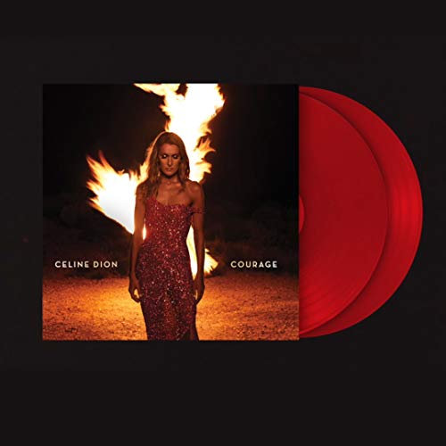 Céline Dion “Courage” vinyl record with album cover and two red discs.