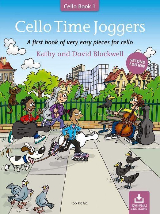 Cover of Cello Time Joggers music book featuring cartoon children playing cello in a park.
