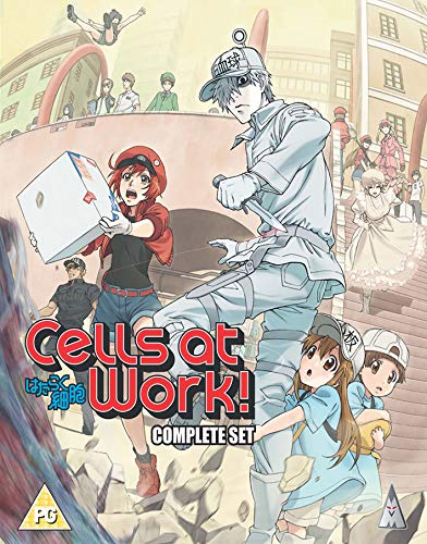 Anime characters representing human cells in a city setting on a Blu-ray cover.