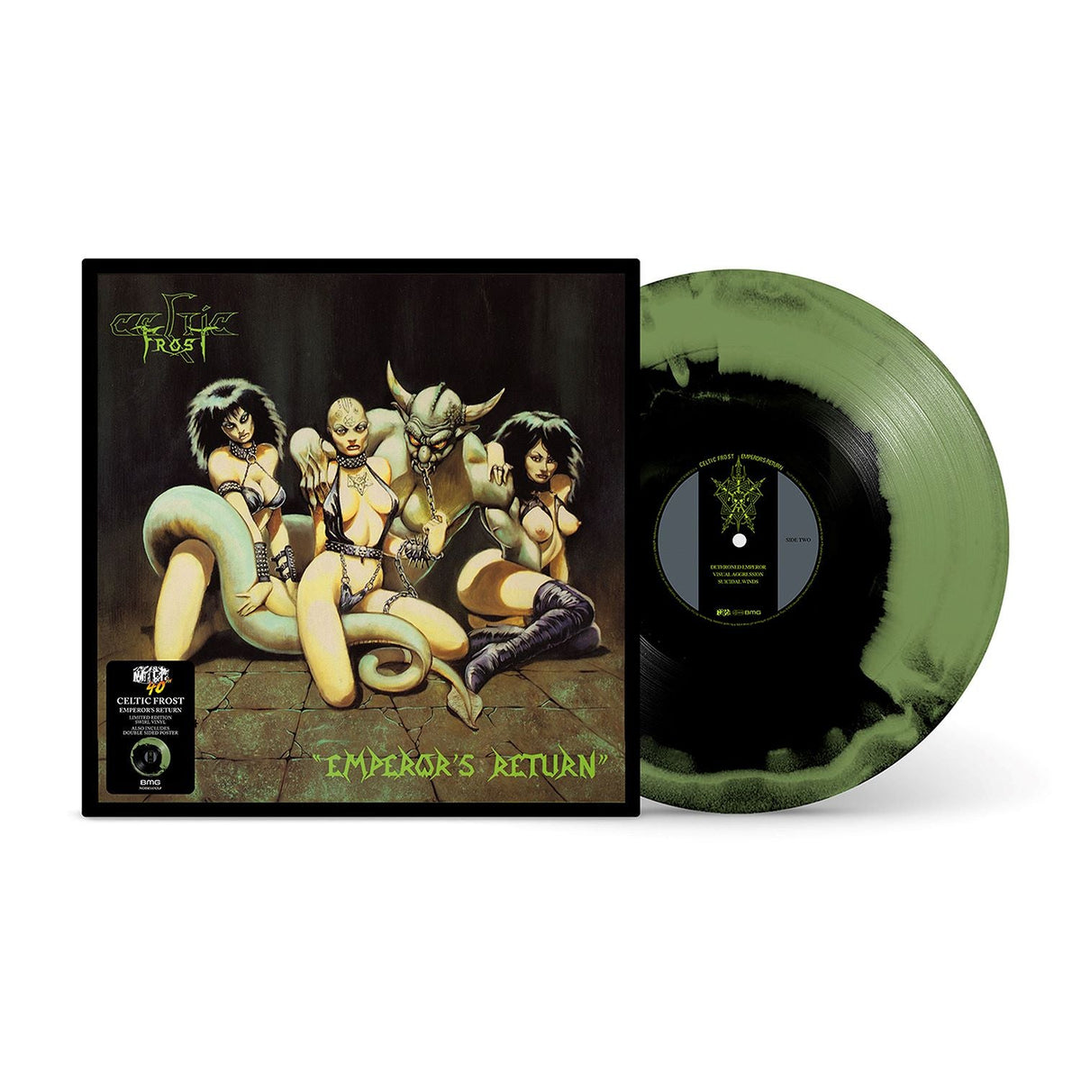 Celtic Frost vinyl record with green and black marbled disc and fantasy artwork cover.