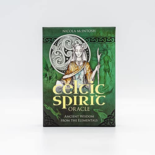 Green box with Celtic knotwork and a central figure, “Celtic Spirit Oracle.”