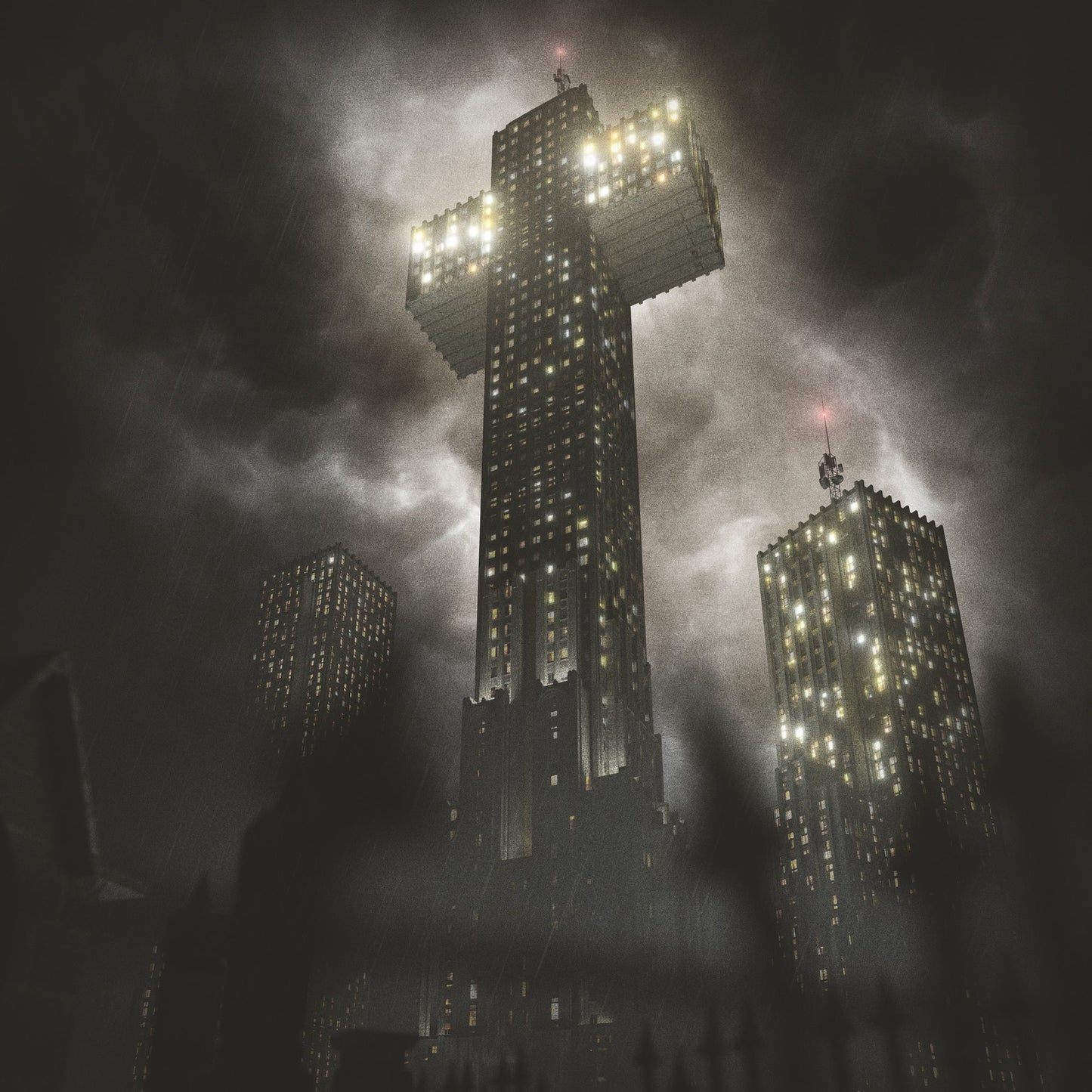 Dark, gothic cityscape with illuminated skyscrapers resembling a cross.