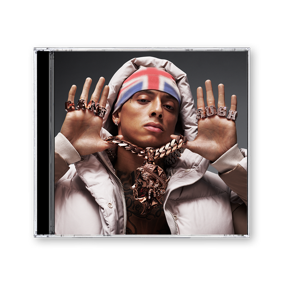 Central Cee album cover in a CD case, portrait of a rapper.
