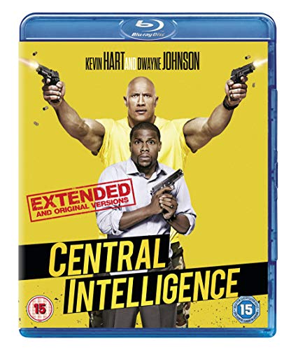 Blu-ray cover for "Central Intelligence" featuring Dwayne Johnson and Kevin Hart with guns.