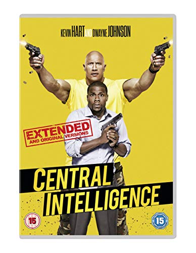 DVD cover for "Central Intelligence" featuring Dwayne Johnson and Kevin Hart with guns.