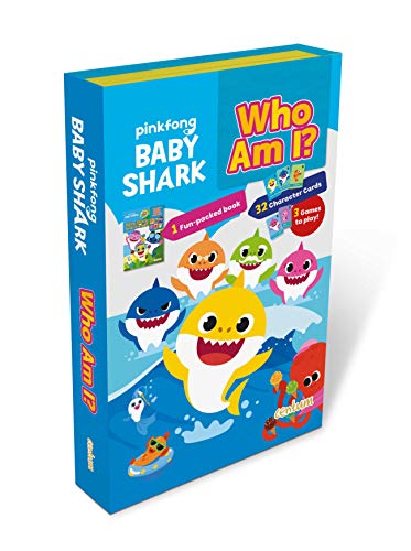 Baby Shark Who Am I?" game box with colorful shark characters.