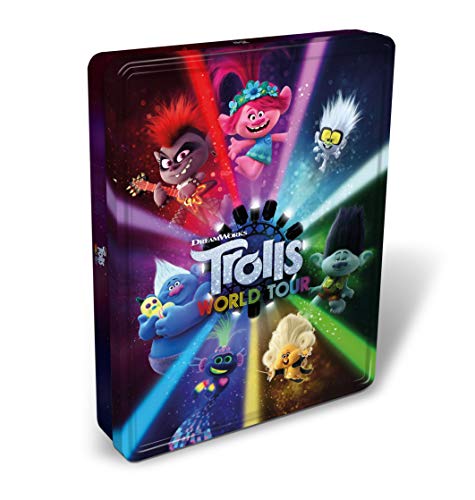Trolls World Tour metal tin featuring various colorful Trolls characters on a dark background.