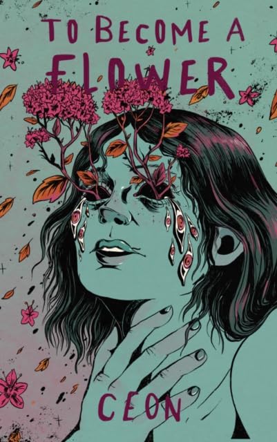 Illustration of a woman with flowers growing from her head, teal background.