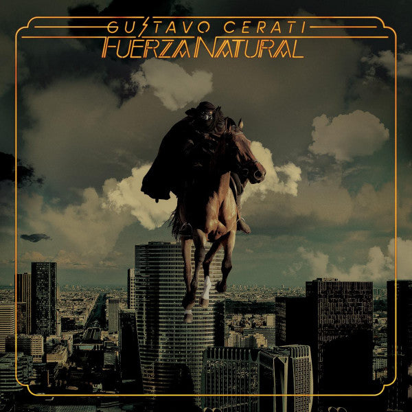 Album cover: Gustavo Cerati riding a horse above a cityscape.