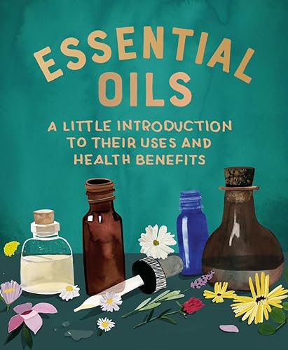 Book cover with essential oil bottles and scattered flowers.