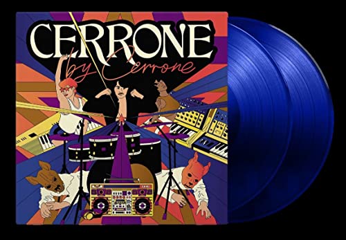 Cerrone album cover with musicians and two blue vinyl records.