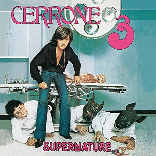 Album cover for Cerrone’s “Supernature” featuring a man, figures, and medical equipment.