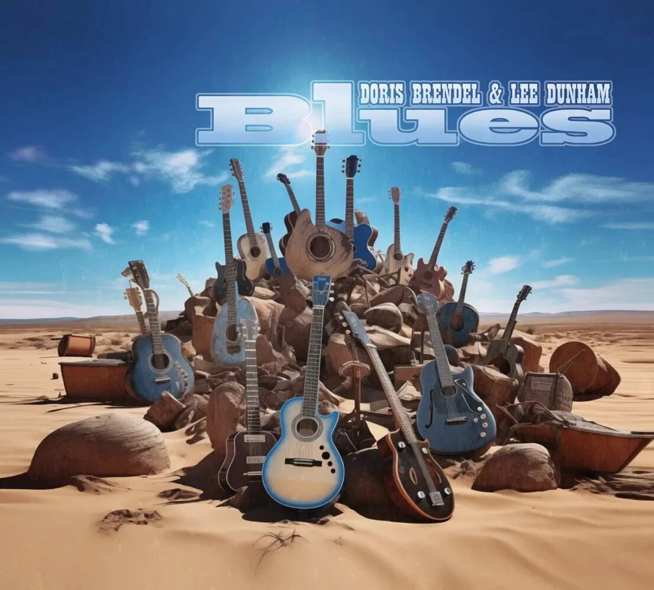 Album cover: pile of guitars under a blue sky and desert landscape.