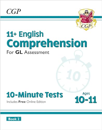 CGP 11+ English Comprehension book cover with a stopwatch icon, for ages 10-11.