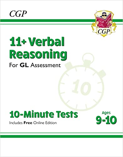 Book cover for 11+ Verbal Reasoning tests with a timer illustration.