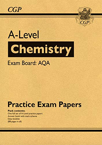 CGP A-Level Chemistry AQA practice exam papers book cover on a tan background.