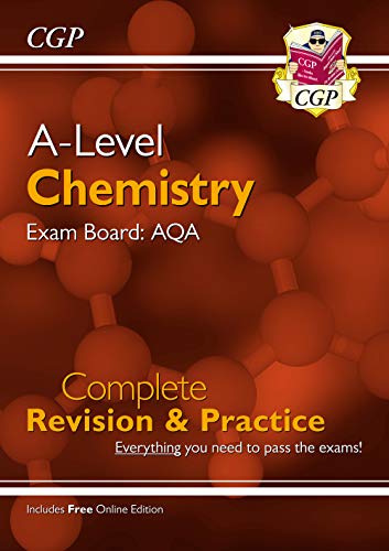 CGP A-Level Chemistry AQA revision guide book cover with orange molecular background.