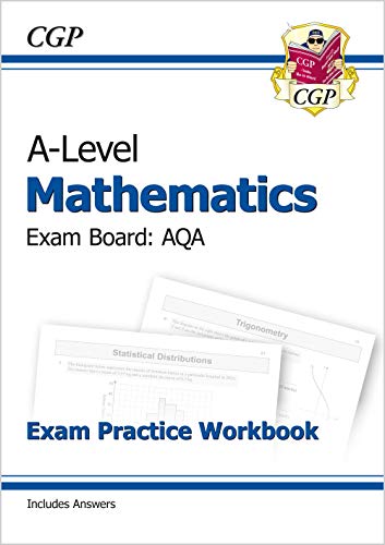CGP A-Level Mathematics AQA exam practice workbook cover with sample pages shown.