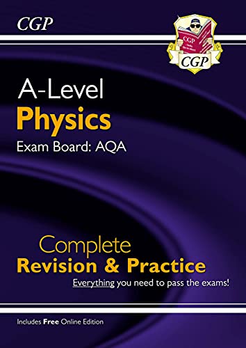 CGP A-Level Physics AQA revision guide cover with purple abstract background and mascot logo.