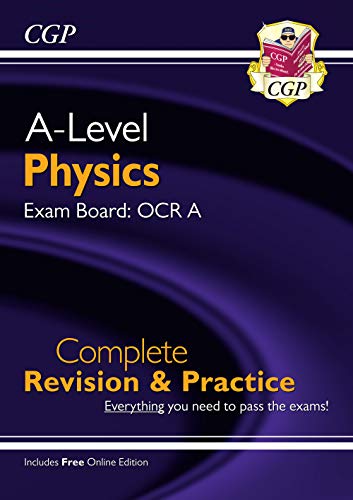 CGP A-Level Physics OCR A revision guide book cover with purple abstract background.
