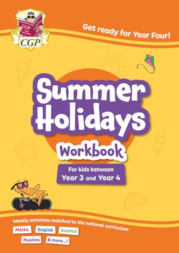CGP Summer Holidays workbook cover for students between Year 3 and Year 4.