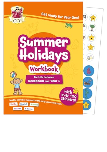CGP Summer Holidays workbook for Reception to Year 1 with an included sticker sheet.