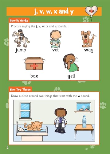 A phonics activity page teaching the letters j, v, w, x, and y.
